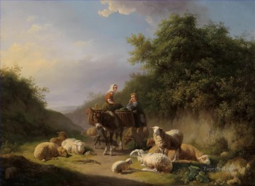 Eugène Verboeckhoven Schafhirte et Hirtin Chèvre Mouton Berger Peinture à l'huile